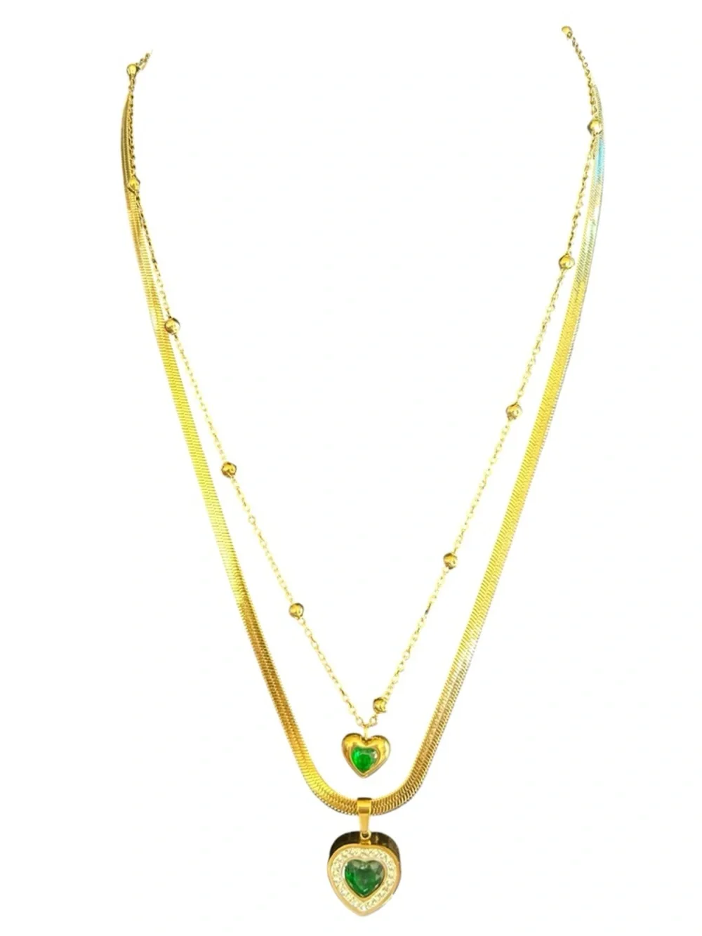 Emerald Green Layered Heart 18K Gold Plated Pendant Stainless Steel Necklace - Picture 3 of 5